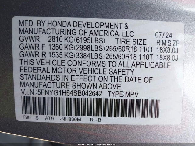 45707934 :رقم المزاد ، 5FNYG1H64SB042642 vin ، 2025 Honda Pilot Trailsport مزاد بيع
