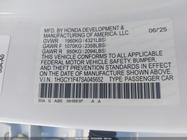 Honda ACCORD SE 2025 1HGCY1F47SA045652 Image 9