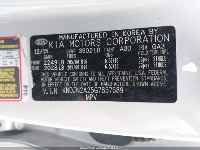 45707981 :رقم المزاد ، KNDJN2A25G7857689 vin ، 2016 Kia Soul مزاد بيع
