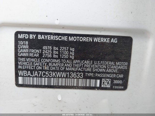 45707992 :رقم المزاد ، WBAJA7C53KWW13633 vin ، 2019 Bmw 5 Series 530i Xdrive مزاد بيع