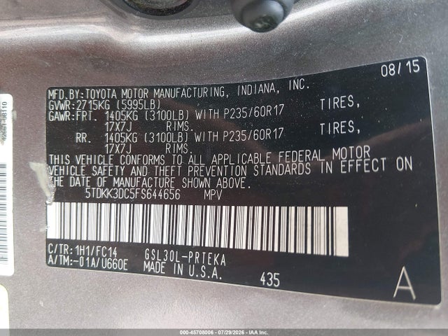 Aukcja sprzedaży 2015 Toyota Sienna Le 8 Passenger, vin: 5TDKK3DC5FS644656, numer aukcji: 45708006