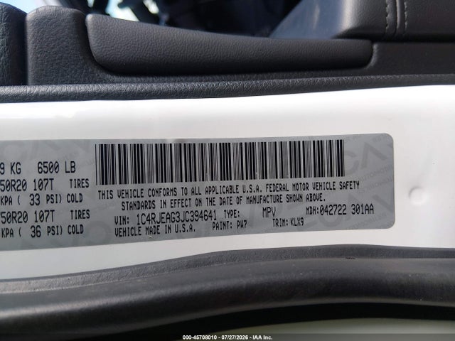 45708010 :رقم المزاد ، 1C4RJEAG3JC394641 vin ، 2018 Jeep Grand Cherokee Altitude 4x2 مزاد بيع