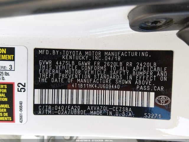 Toyota CAMRY SE 2018 4T1B11HK4JU609440 Image 9