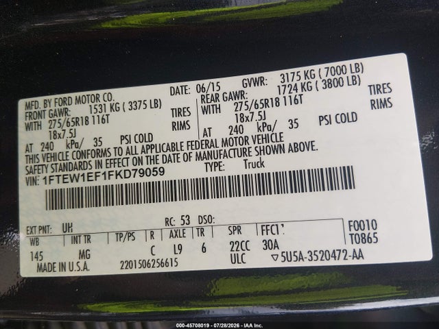 45708019 :رقم المزاد ، 1FTEW1EF1FKD79059 vin ، 2015 Ford F-150 Xlt مزاد بيع