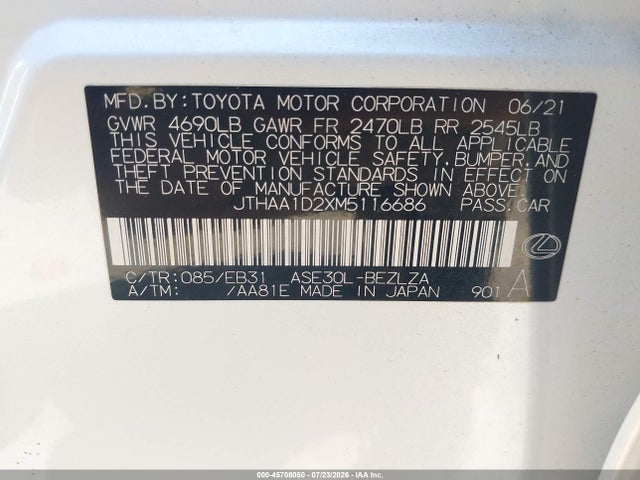 45708050 :رقم المزاد ، JTHAA1D2XM5116686 vin ، 2021 Lexus Is 300 مزاد بيع