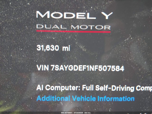 45708051 :رقم المزاد ، 7SAYGDEF1NF507584 vin ، 2022 Tesla Model Y Performance Dual Motor All-wheel Drive مزاد بيع