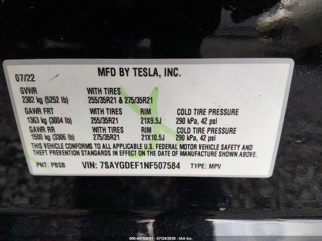 45708051 :رقم المزاد ، 7SAYGDEF1NF507584 vin ، 2022 Tesla Model Y Performance Dual Motor All-wheel Drive مزاد بيع
