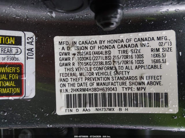 Продажа на аукционе авто 2013 Honda Cr-v Lx, vin: 2HKRM4H38DH639043, номер лота: 45708058