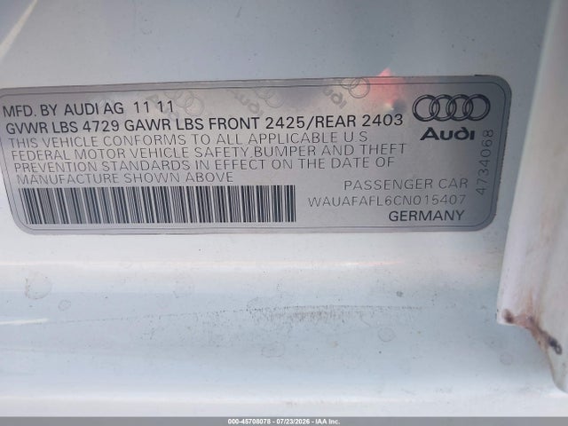Продаж на аукціоні авто 2012 Audi A4 2.0t Premium, vin: WAUAFAFL6CN015407, номер лоту: 45708078