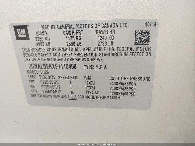 2015 Chevrolet Equinox Lt მანქანა იყიდება აუქციონზე, vin: 2GNALBEKXF1115498, აუქციონის ნომერი: 45708128