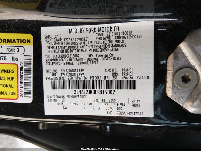 Продажа на аукционе авто 2014 Lincoln Mkz, vin: 3LN6L2JK0ER815802, номер лота: 45708132