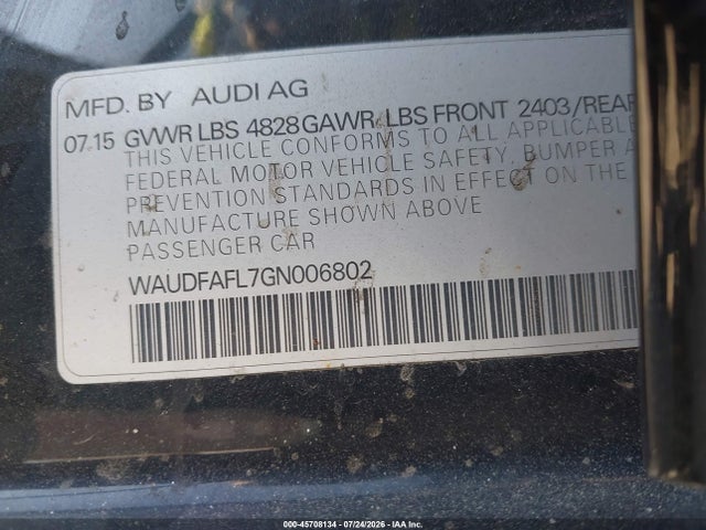 45708134 :رقم المزاد ، WAUDFAFL7GN006802 vin ، 2016 Audi A4 Premium مزاد بيع