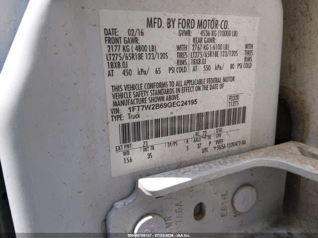 2016 Ford F-250 Xlt მანქანა იყიდება აუქციონზე, vin: 1FT7W2B69GEC24195, აუქციონის ნომერი: 45708137