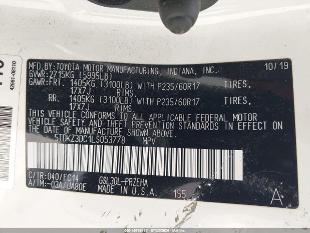 45708167 :رقم المزاد ، 5TDKZ3DC1LS053778 vin ، 2020 Toyota Sienna Le مزاد بيع