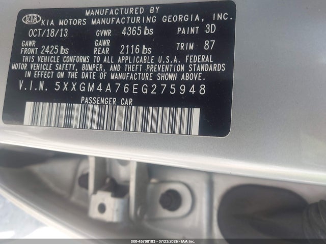 2014 Kia Optima Lx მანქანა იყიდება აუქციონზე, vin: 5XXGM4A76EG275948, აუქციონის ნომერი: 45708183
