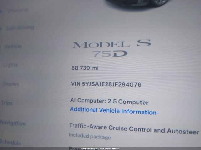 Продажа на аукционе авто 2018 Tesla Model S 100d/75d/p100d, vin: 5YJSA1E28JF294076, номер лота: 45708192