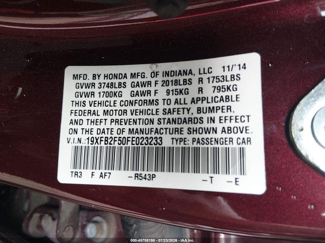 45708198 :رقم المزاد ، 19XFB2F50FE023233 vin ، 2015 Honda Civic Lx مزاد بيع