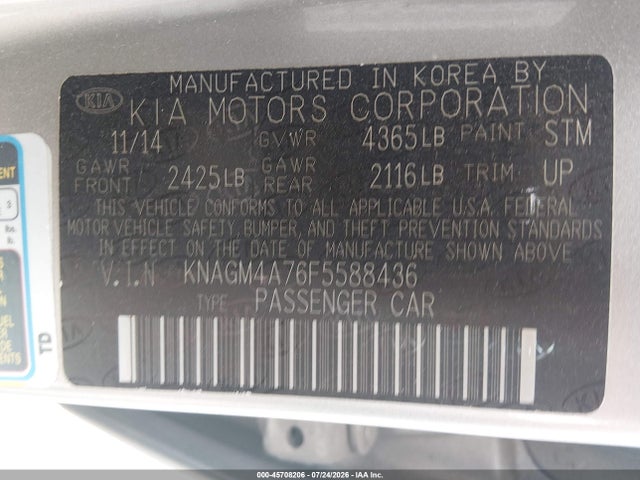 Продаж на аукціоні авто 2015 Kia Optima Lx, vin: KNAGM4A76F5588436, номер лоту: 45708206