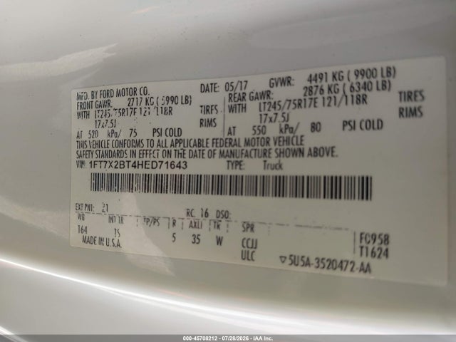 Aukcja sprzedaży 2017 Ford F-250 Xl, vin: 1FT7X2BT4HED71643, numer aukcji: 45708212