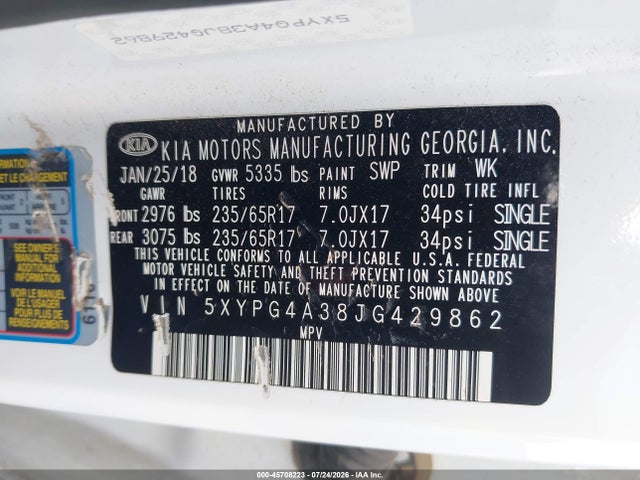 2018 Kia Sorento 2.4l Lx მანქანა იყიდება აუქციონზე, vin: 5XYPG4A38JG429862, აუქციონის ნომერი: 45708223
