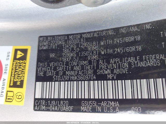 Toyota Highlander Xle 2019 5TDJZRFH6KS609704 Image 9