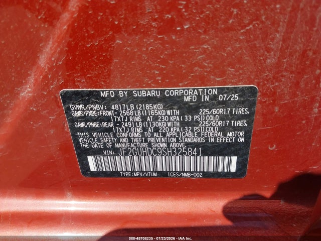 Продажа на аукционе авто 2025 Subaru Crosstrek Premium, vin: JF2GUHDC9SH325841, номер лота: 45708235
