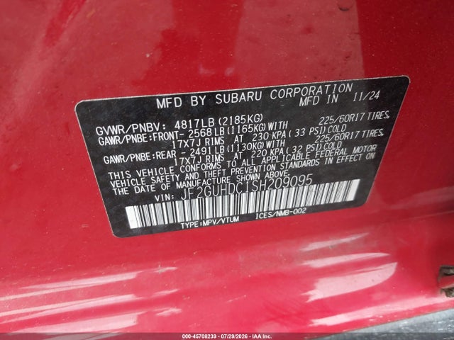 Продажа на аукционе авто 2025 Subaru Crosstrek Premium, vin: JF2GUHDC1SH209095, номер лота: 45708239