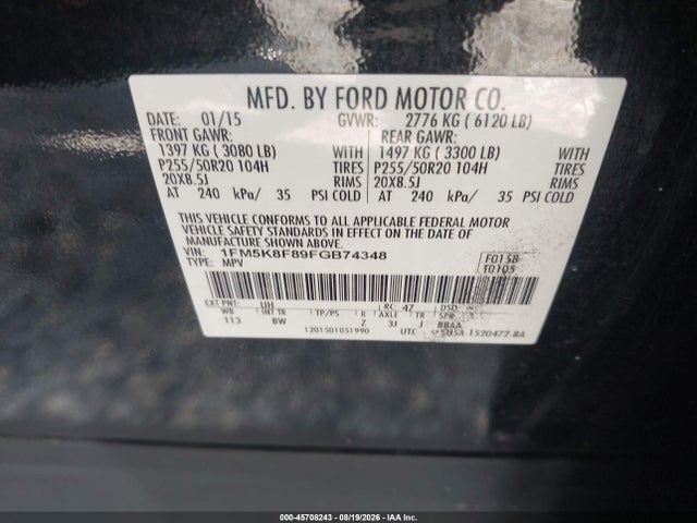 Auction sale of the 2015 Ford Explorer Limited, vin: 1FM5K8F89FGB74348, lot number: 45708243