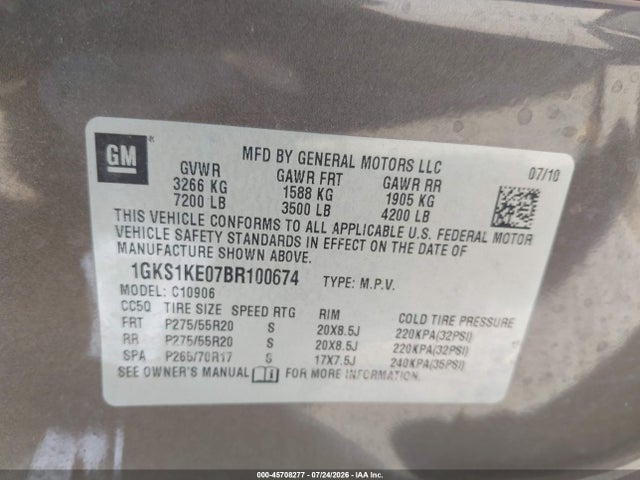 45708277 :رقم المزاد ، 1GKS1KE07BR100674 vin ، 2011 Gmc Yukon Xl 1500 Slt مزاد بيع