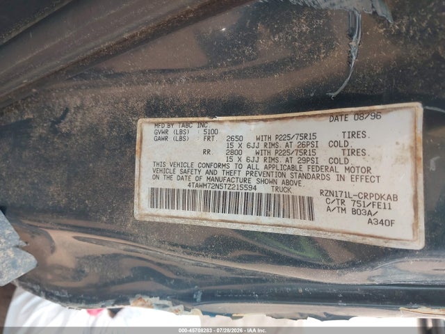 1996 Toyota Tacoma Xtracab მანქანა იყიდება აუქციონზე, vin: 4TAWM72N5TZ215594, აუქციონის ნომერი: 45708283