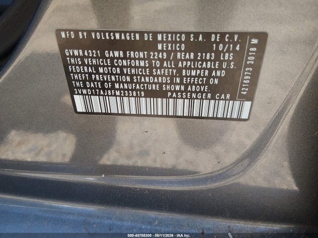 Aukcja sprzedaży 2015 Volkswagen Jetta 1.8t Se, vin: 3VWD17AJ8FM233819, numer aukcji: 45708300