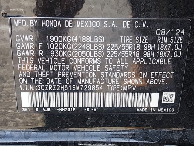 3CZRZ2H51SM729854 Honda Hr-v Awd Sport