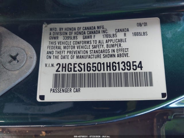 Aukcja sprzedaży 2001 Honda Civic Lx, vin: 2HGES16501H613954, numer aukcji: 45708331