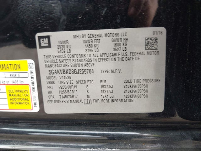2016 Buick Enclave Leather მანქანა იყიდება აუქციონზე, vin: 5GAKVBKD8GJ259704, აუქციონის ნომერი: 45708340