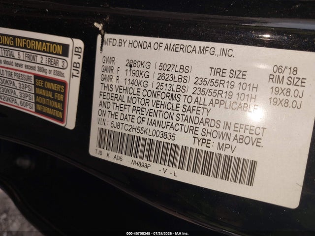 2019 Acura Rdx Technology Package მანქანა იყიდება აუქციონზე, vin: 5J8TC2H55KL003835, აუქციონის ნომერი: 45708345