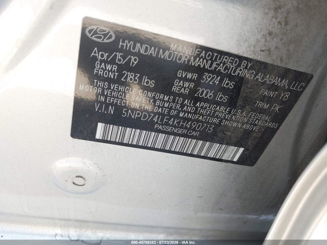 Продаж на аукціоні авто 2019 Hyundai Elantra Se, vin: 5NPD74LF4KH490713, номер лоту: 45708353