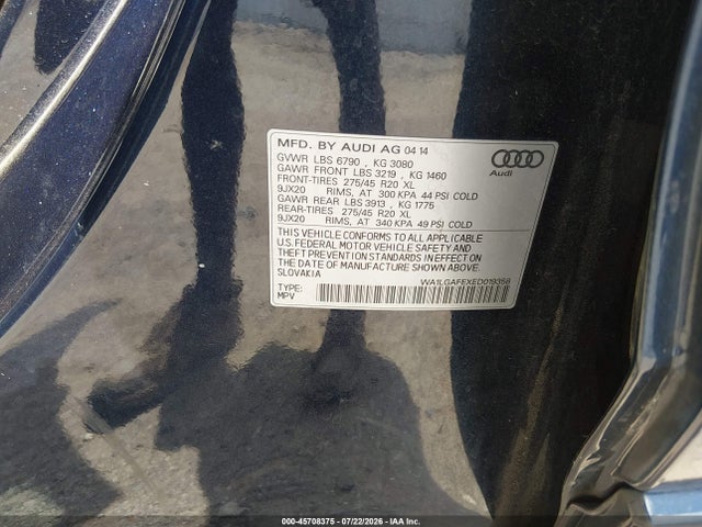 2014 Audi Q7 3.0t Premium მანქანა იყიდება აუქციონზე, vin: WA1LGAFEXED019358, აუქციონის ნომერი: 45708375