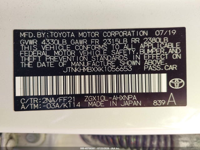 Auction sale of the 2019 Toyota C-hr Xle, vin: JTNKHMBXXK1056653, lot number: 45708381