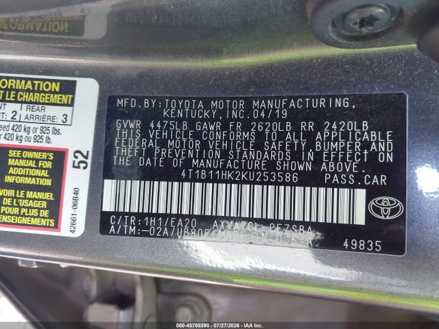Toyota CAMRY SE 2019 4T1B11HK2KU253586 Image 9