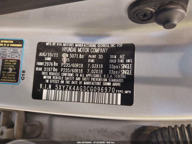 Продаж на аукціоні авто 2012 Hyundai Santa Fe Limited V6, vin: 5XYZK4AG3CG096970, номер лоту: 45708400