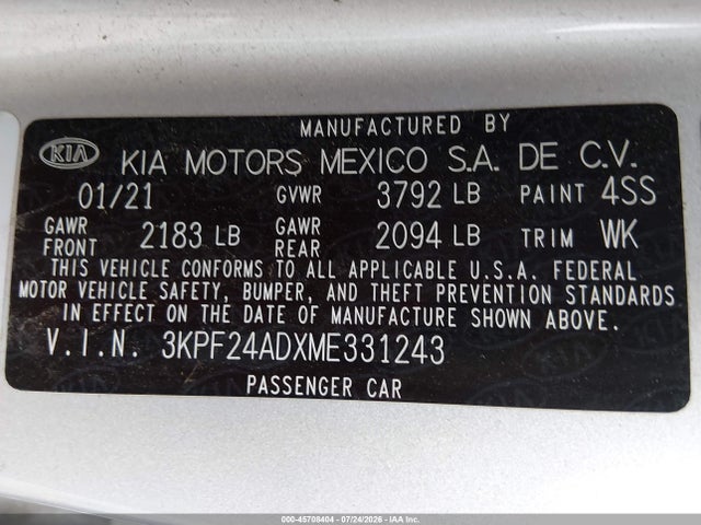 Aukcja sprzedaży 2021 Kia Forte Lxs, vin: 3KPF24ADXME331243, numer aukcji: 45708404