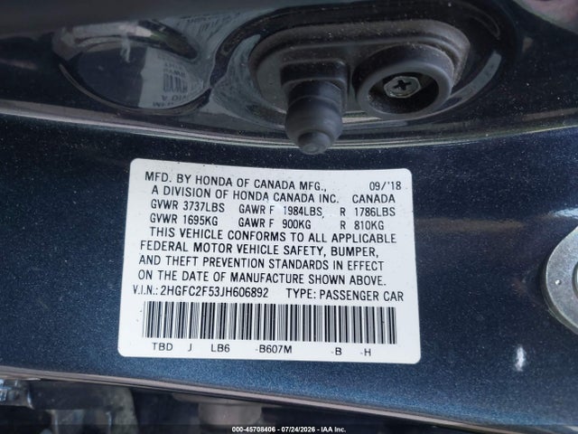 45708406 :رقم المزاد ، 2HGFC2F53JH606892 vin ، 2018 Honda Civic Lx مزاد بيع