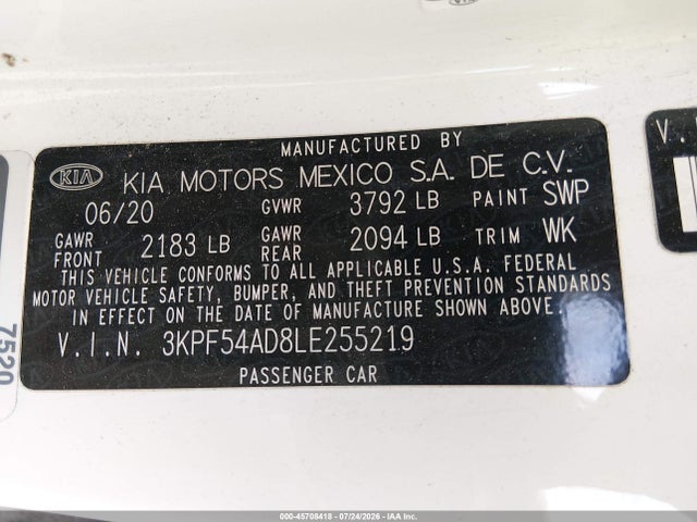 Продаж на аукціоні авто 2020 Kia Forte Ex, vin: 3KPF54AD8LE255219, номер лоту: 45708418