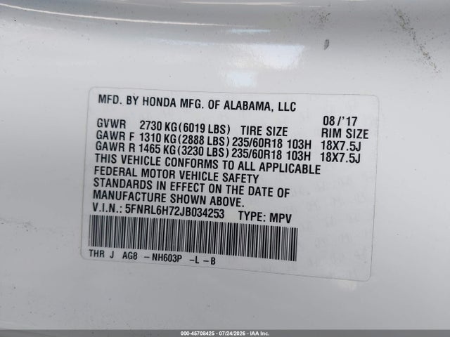 5FNRL6H72JB034253 Honda Odyssey Ex-l