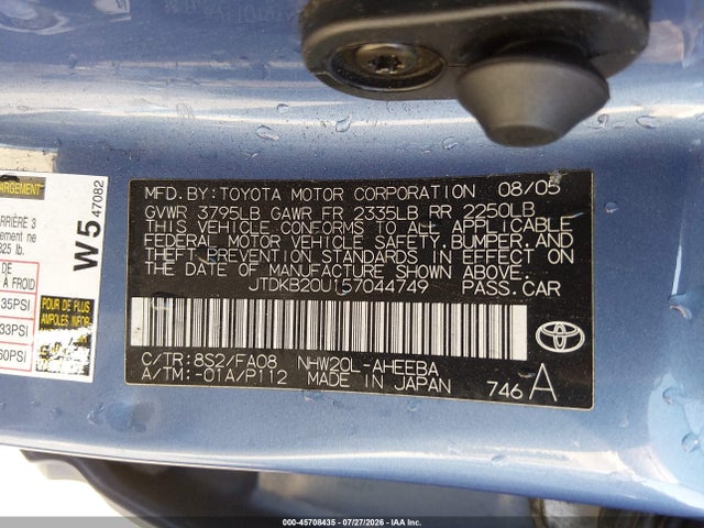45708435 :رقم المزاد ، JTDKB20U157044749 vin ، 2005 Toyota Prius مزاد بيع