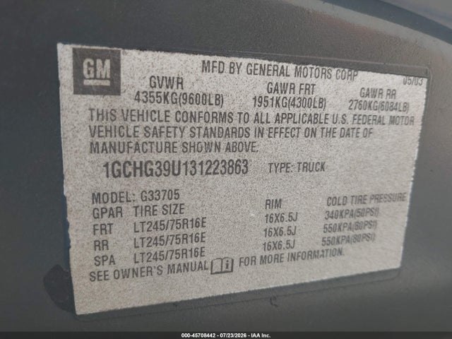Auction sale of the 2003 Chevrolet Express Cargo Van, vin: 1GCHG39U131223863, lot number: 45708442