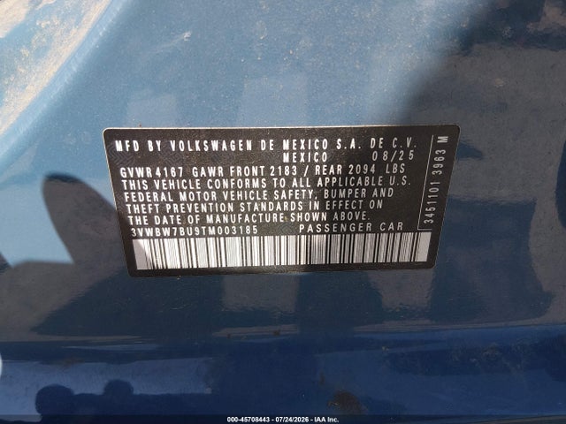 Aukcja sprzedaży 2026 Volkswagen Jetta Sport, vin: 3VWBW7BU9TM003185, numer aukcji: 45708443