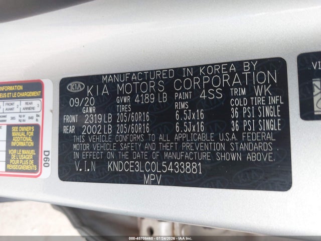 45708460 :رقم المزاد ، KNDCE3LC0L5433881 vin ، 2020 Kia Niro Ex Premium مزاد بيع