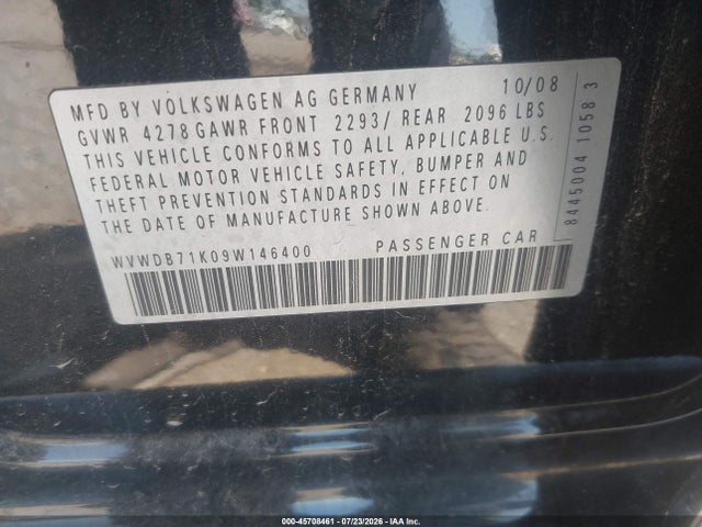 45708461 :رقم المزاد ، WVWDB71K09W146400 vin ، 2009 Volkswagen Rabbit مزاد بيع
