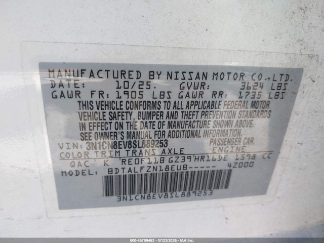 2025 Nissan Versa 1.6 Sv მანქანა იყიდება აუქციონზე, vin: 3N1CN8EV8SL889253, აუქციონის ნომერი: 45708462